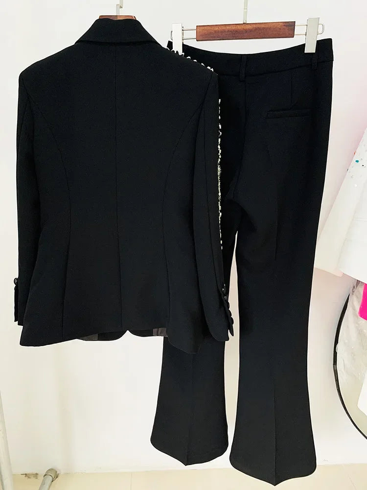 Conjunto Alfaiataria 2 Peças Blazer e Calça Com Pedraria Preto