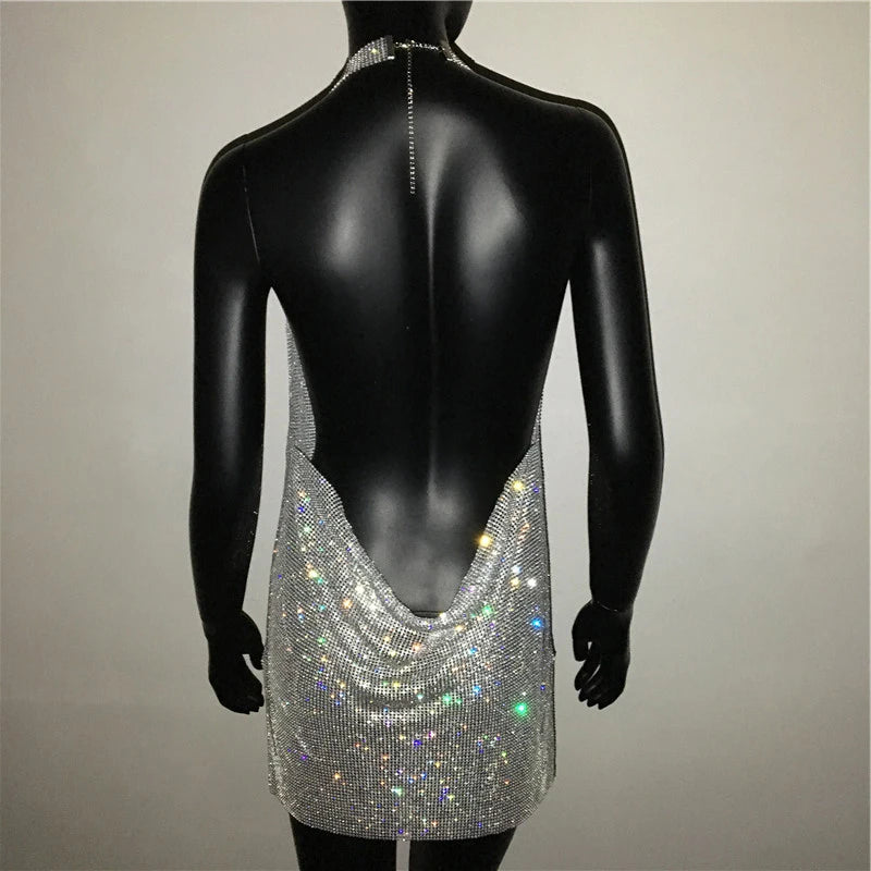 Vestido Curto Todo Em Strass Costas Aberta Prata