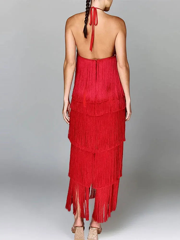 Vestido Longo De Franja Com Amarração No Pescoço Vermelho