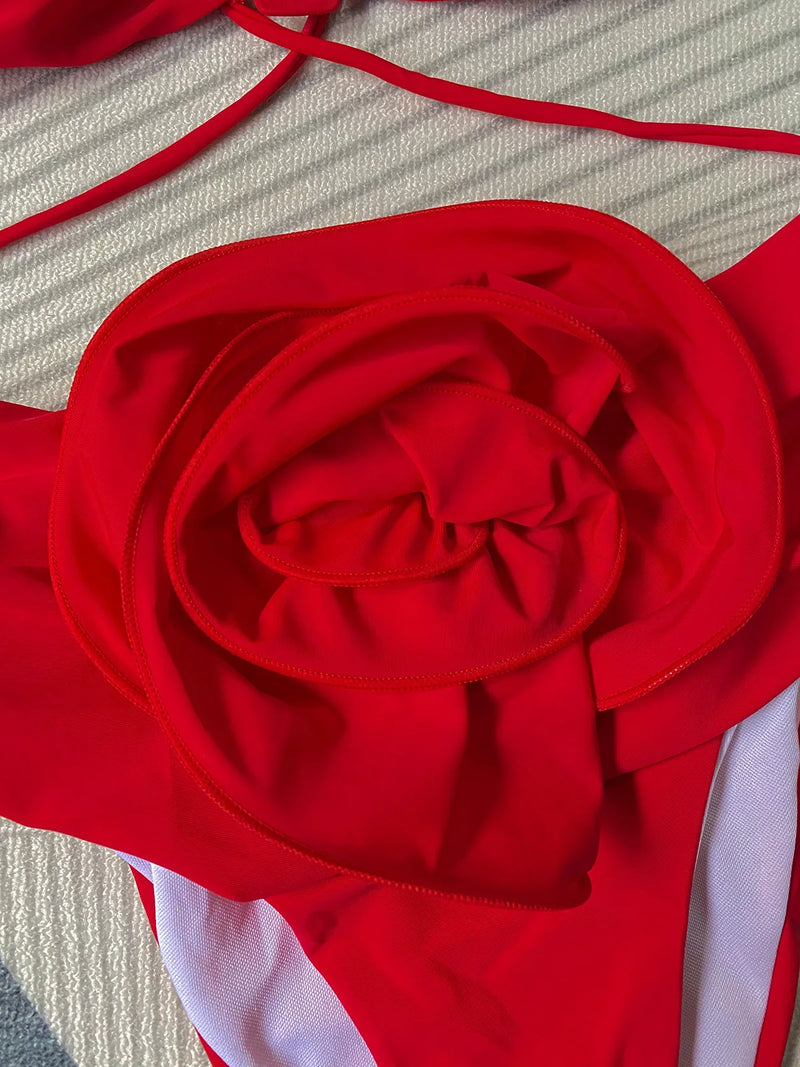 Biquíni Geométrico Com Bojo Flor 3D Vermelho