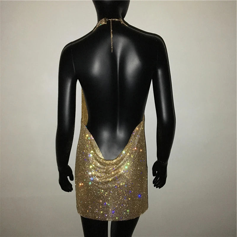 Vestido Curto Todo Em Strass Costas Aberta Prata