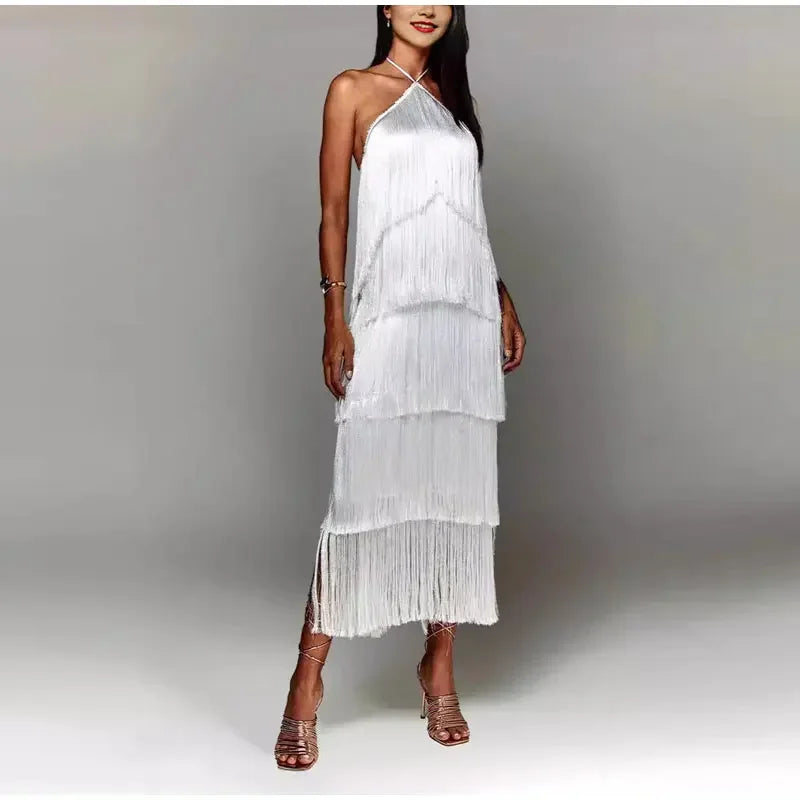 Vestido Longo De Franja Com Amarração No Pescoço Branco