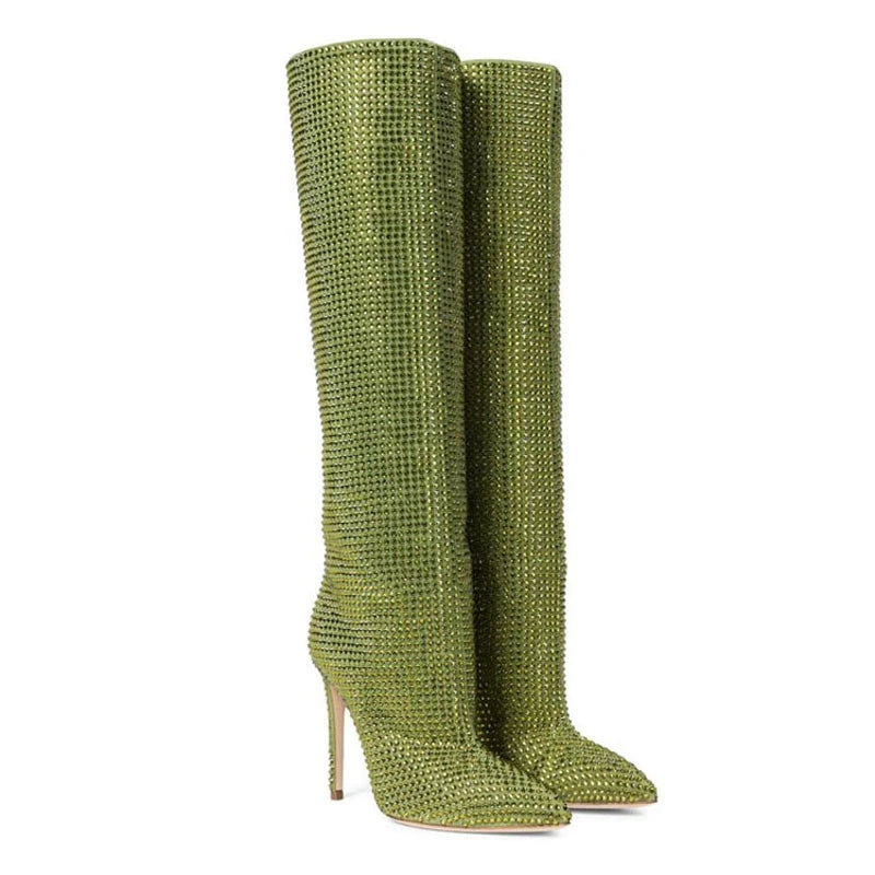 Bota Bico Fino Cano Alto 9cm Com Strass Prata