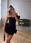 Vestido Curto Um Ombro Só Bordado Floral Preto