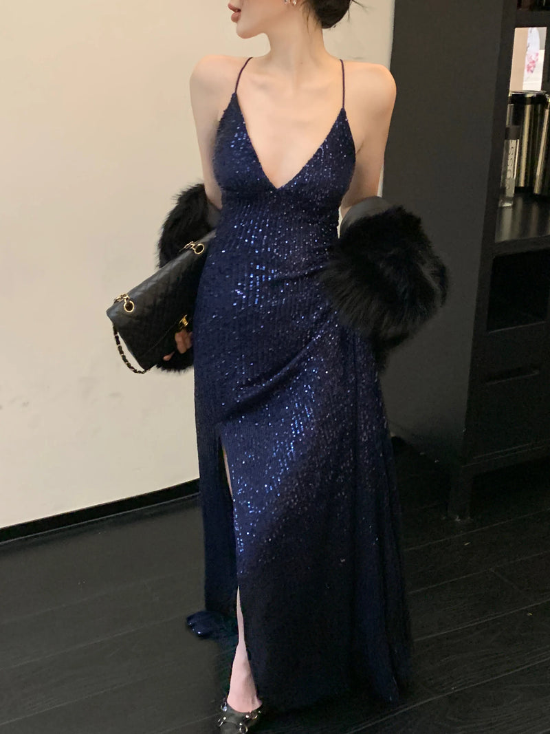 Vestido Longo De Paetês Alça Fina Com Fenda Azul