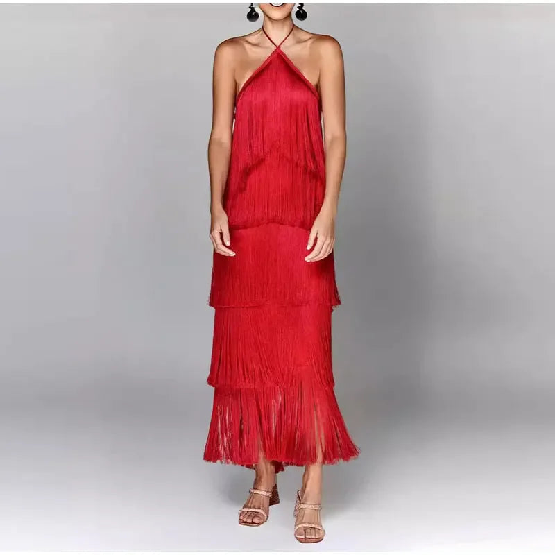 Vestido Longo De Franja Com Amarração No Pescoço Vermelho