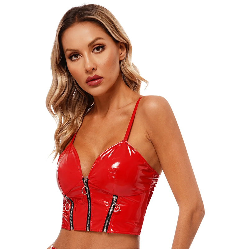 Top Cropped De Couro Eco Envernizado Com Alças Finas Vermelho