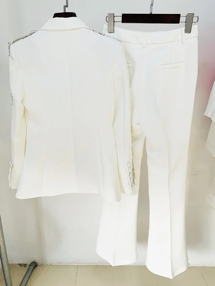 Conjunto Alfaiataria 2 Peças Blazer e Calça Com Pedraria Branco