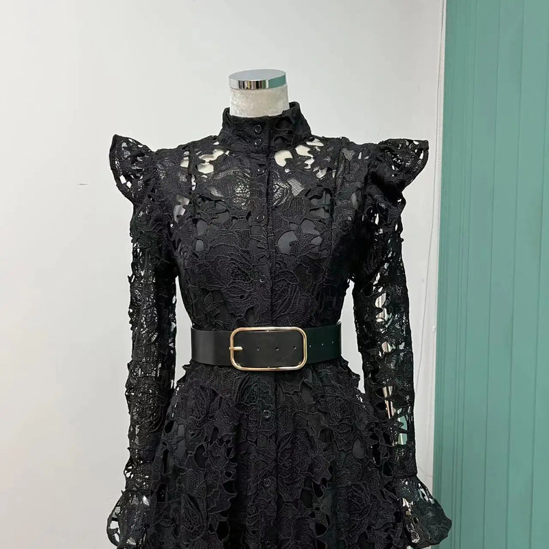 Vestido Midi Rendado Manga Longa Com Cinto Preto