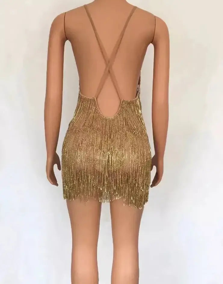 Vestido Curto De Franjas Com Strass Dourado