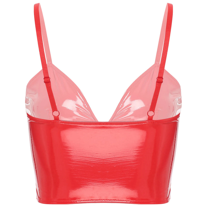 Top Cropped De Couro Eco Envernizado Com Alças Finas Vermelho