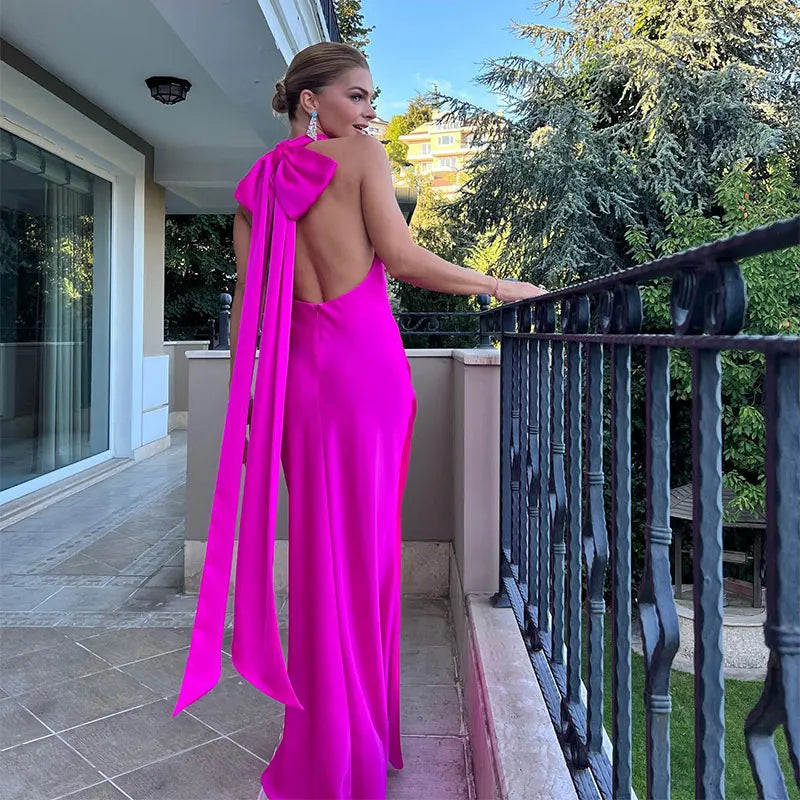 Vestido Longo Gola Halter Com Amarração No Pescoço Rosa