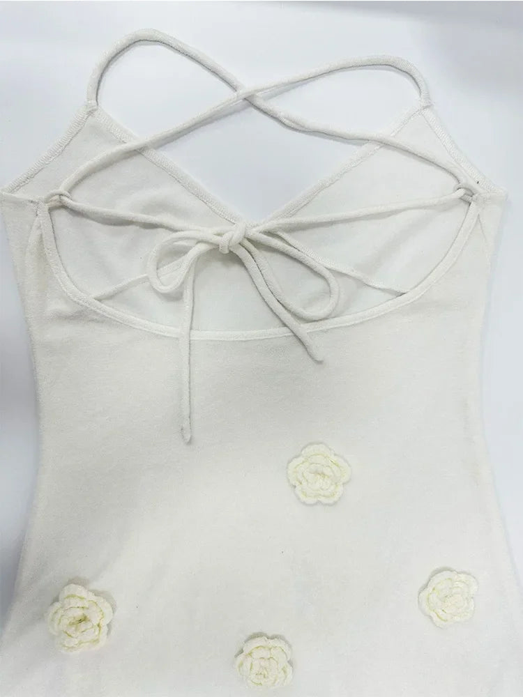 Vestido Longo Decote V Flores 3D Off White