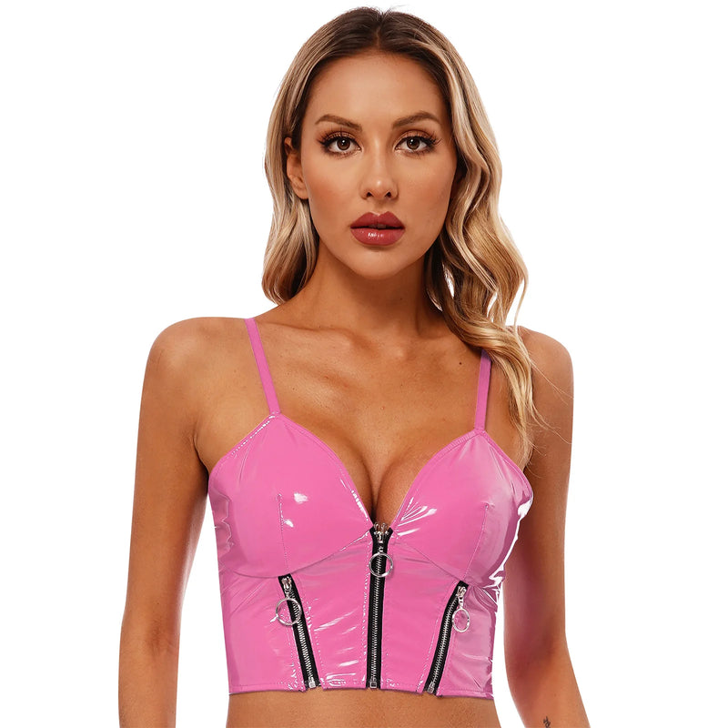 Top Cropped De Couro Eco Envernizado Com Alças Finas Rosa