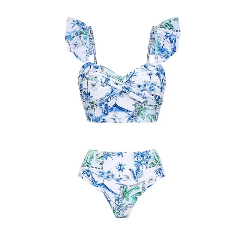 Conjunto 3 Peças Biquíni e Calça Estampa Floral Azul