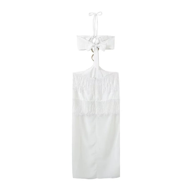 Vestido Longo Em Crepe Com Fenda e Amarração no Pescoço Branco