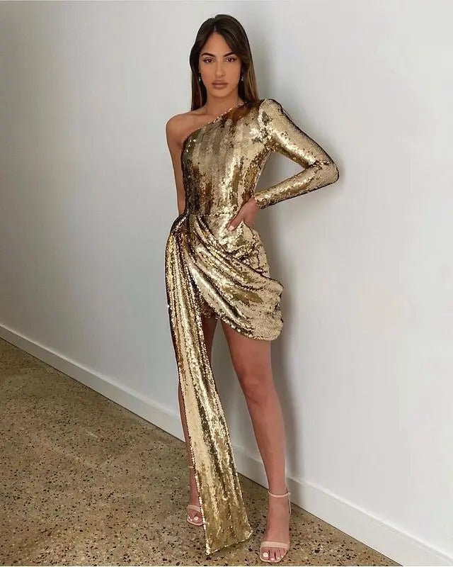 Vestido Curto De Paetês Um Ombro Só Manga Longa Dourado