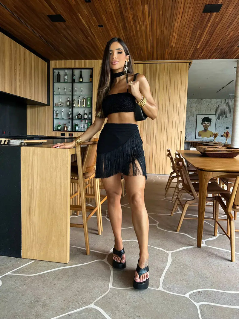 Conjunto 2 Peças Top e Saia Com Franja Preto