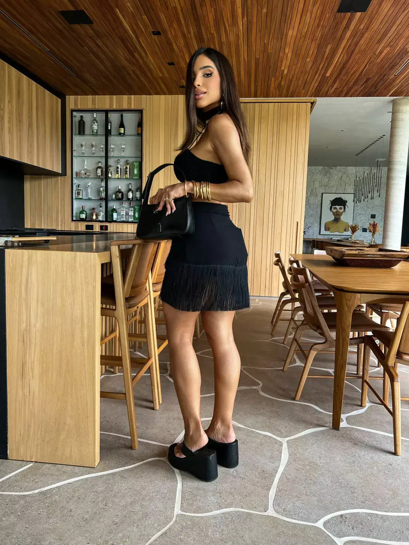 Conjunto 2 Peças Top e Saia Com Franja Preto